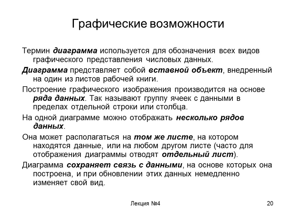 Лекция №4 20 Графические возможности Термин диаграмма используется для обозначения всех видов графического представления